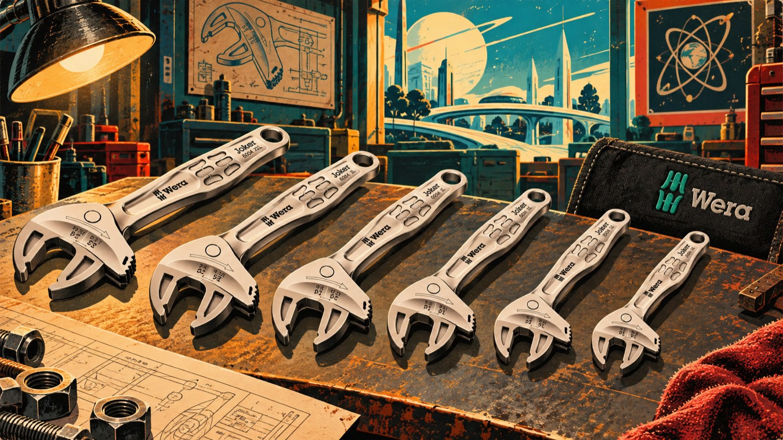 Retro-futuristic illustration of six Wera Joker 6004 self-setting spanners in size order on a workbench, the Wera tool roll behind
