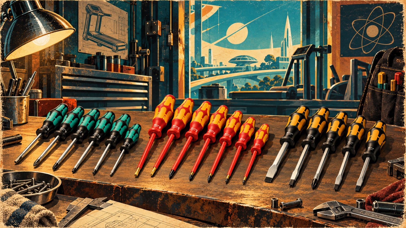 Retro-futuristic illustration of three rows of Wera screwdrivers on a workbench: green Kraftform Plus, red and yellow VDE insulated, and black and yellow Chiseldrivers