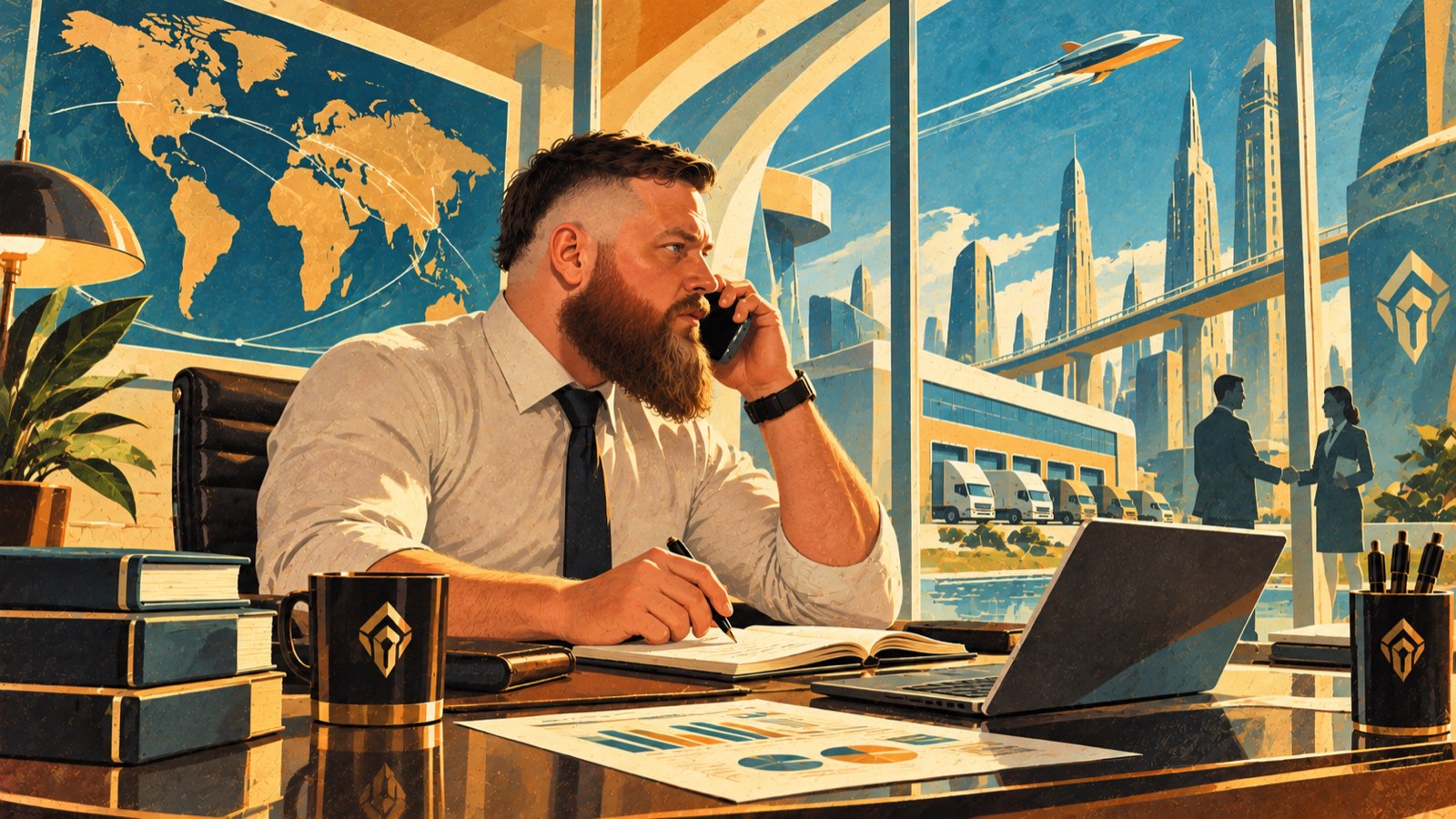 Retro-futurist painting: a man on the telephone at a desk with pricing charts and a laptop, world map behind him, distribution depot and lorries through the window